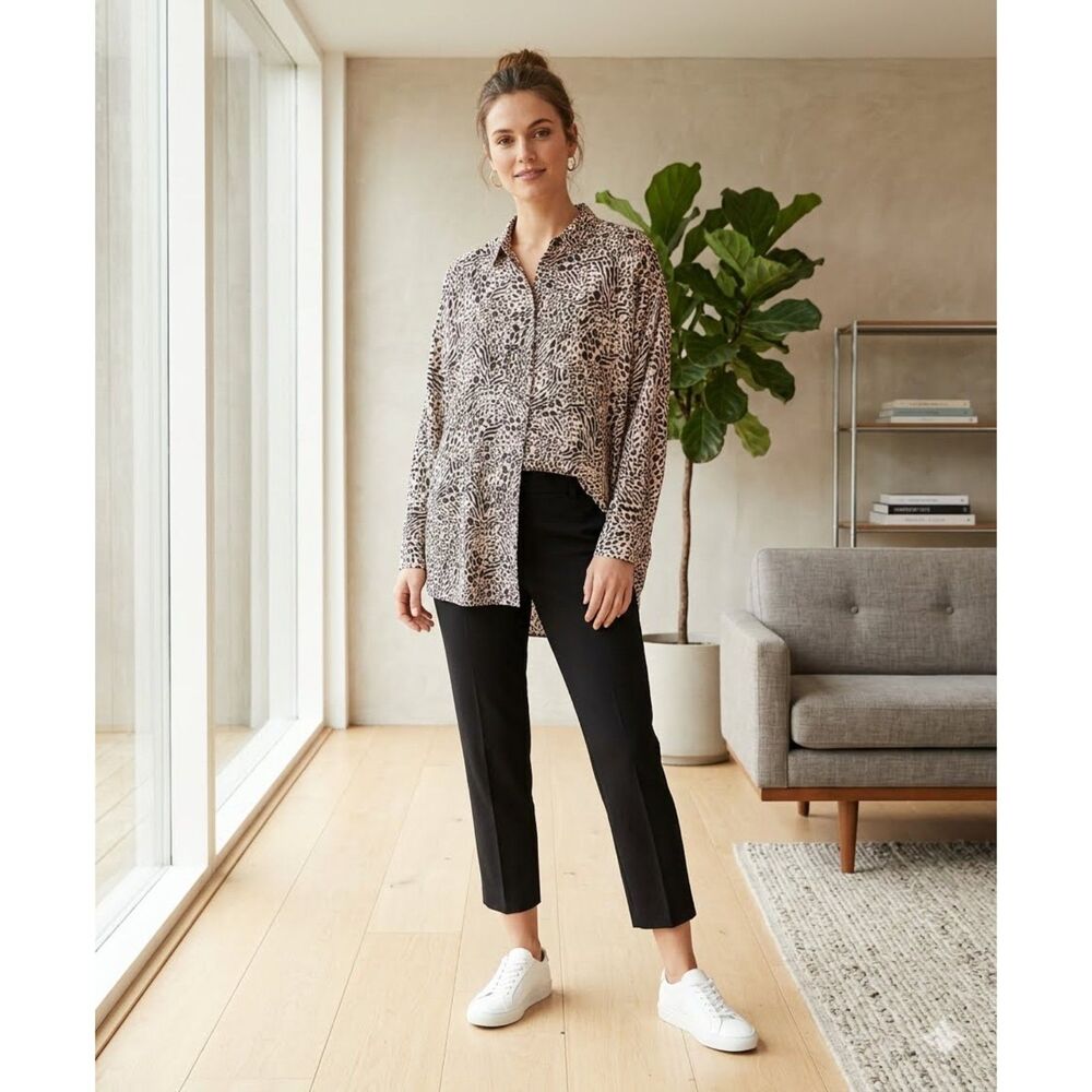 ASOS Tunic Top Womens 12 Pink Black Animal Print Button Up Dolman Viscose Shirt